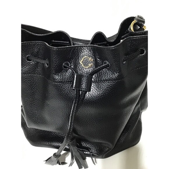 C Wonder Bucket Shopper Drawstring Tote Bag Shoulder Bag Black Pebbled Leather - Picture 8 of 16